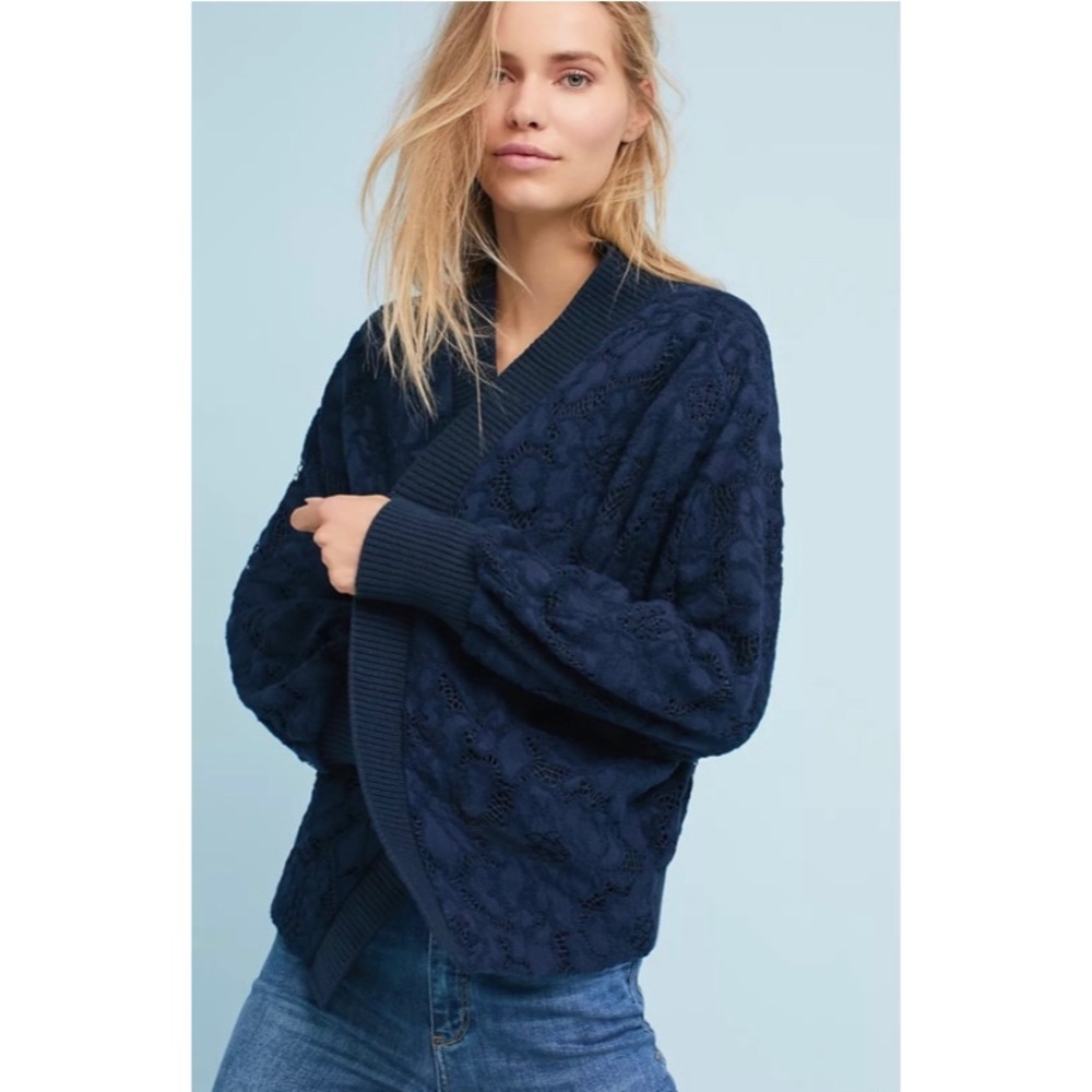 Anthropologie Akemi + Kin Brushed Lace Oversized Blue Floral Cardigan Large
